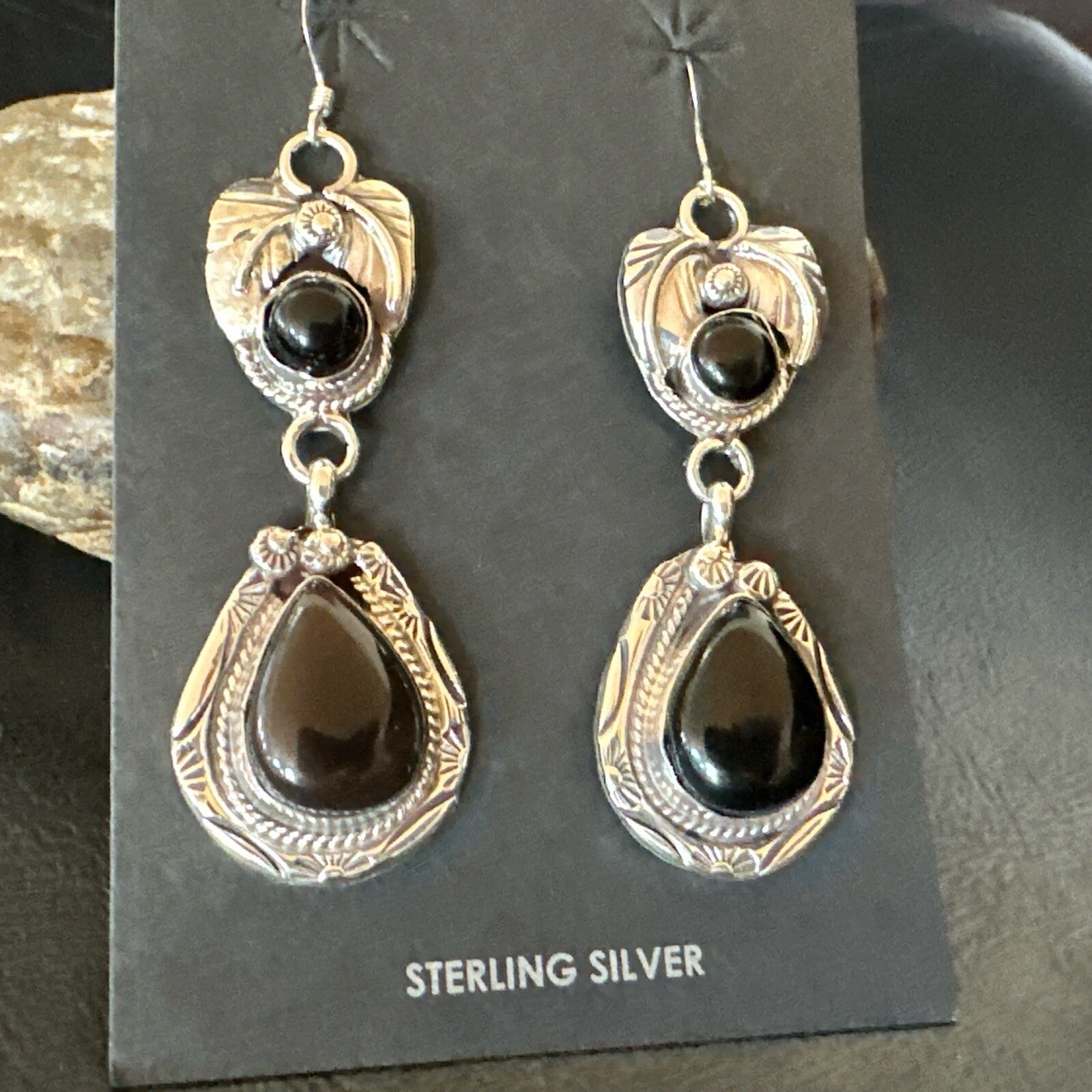 Black Onyx Navajo Sterling Silver Dangle Earrings 1.5" 18286