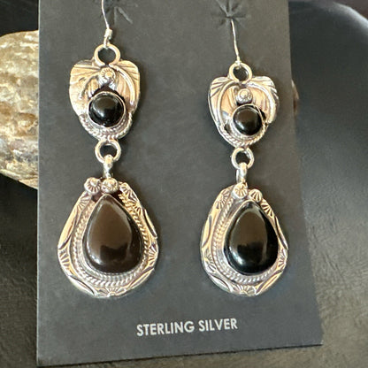 Black Onyx Navajo Sterling Silver Dangle Earrings 1.5" 18286