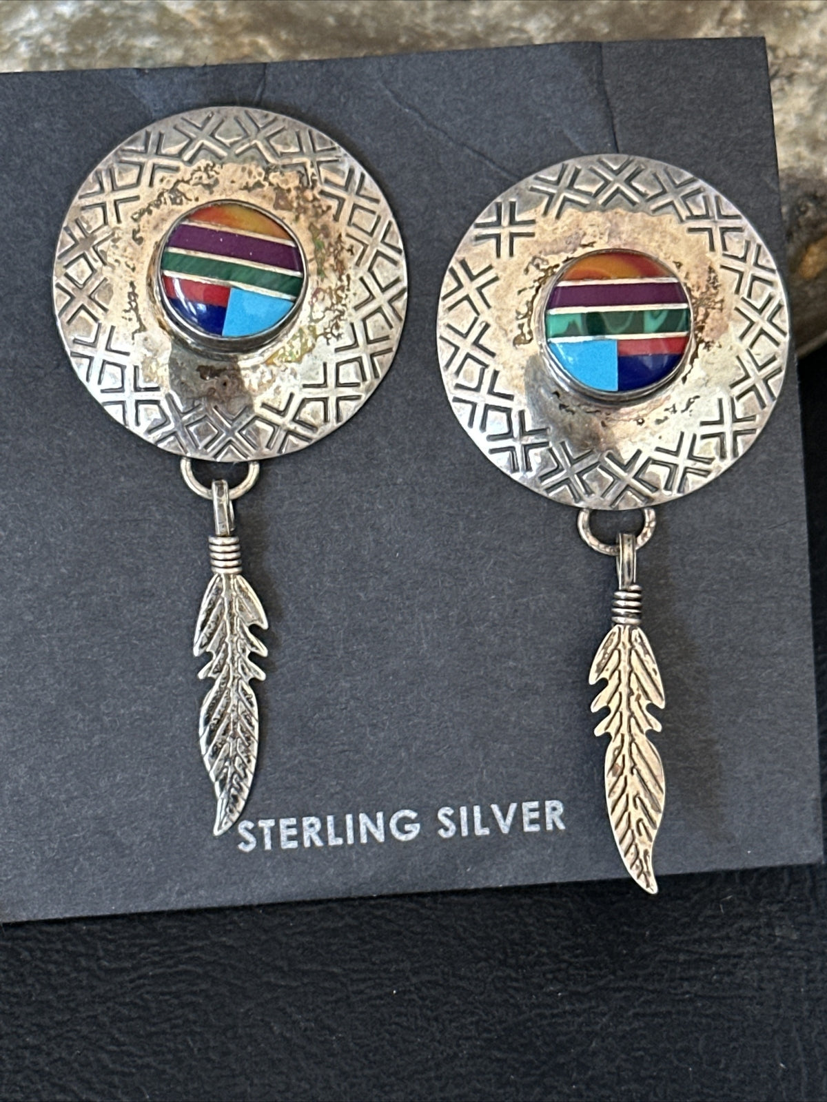 Blue Turquoise & Spiny Oyster Navajo Sterling Silver Inlay Earrings 2” 14762