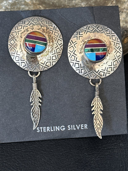 Blue Turquoise & Spiny Oyster Navajo Sterling Silver Inlay Earrings 2” 14762