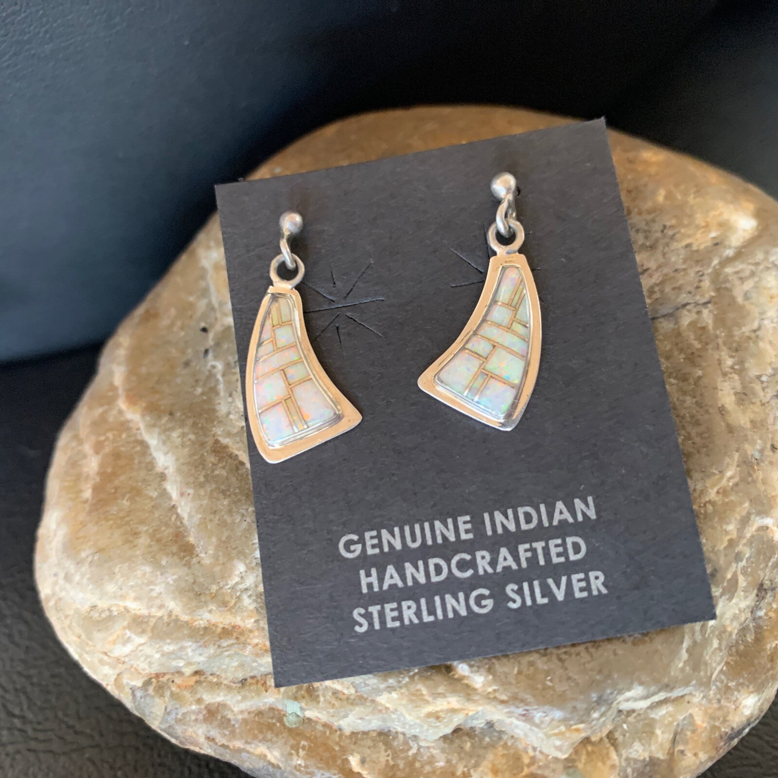 Womens White Opal Inlay Navajo Sterling Silver Dangle Post Earrings 12771