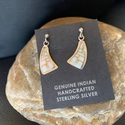 Womens White Opal Inlay Navajo Sterling Silver Dangle Post Earrings 12771