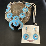 Old Pawn Sunface Turquoise Zuni Squash Necklace Earrings | Sterling Silver | Authentic Native American Handmade | 19289