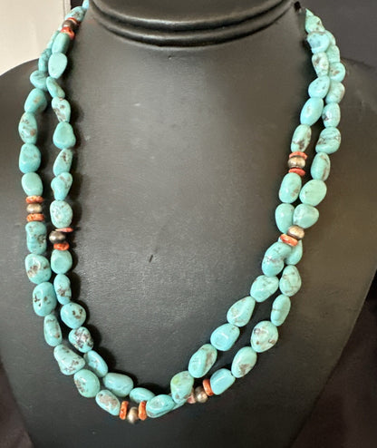 Spiny Oyster Nacosari Turquoise 2S Navajo Sterling Silver Necklace 19" 17785