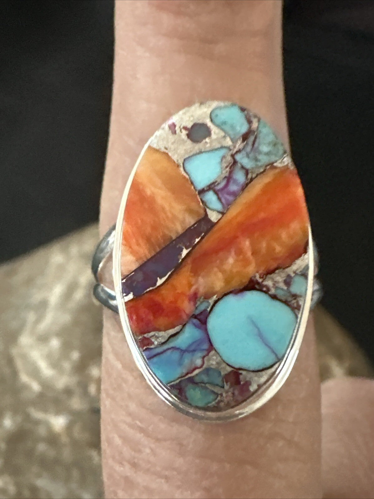 Blue Turquoise Spiny Oyster Southwestern Sterling Silver Ring Size 8 18436