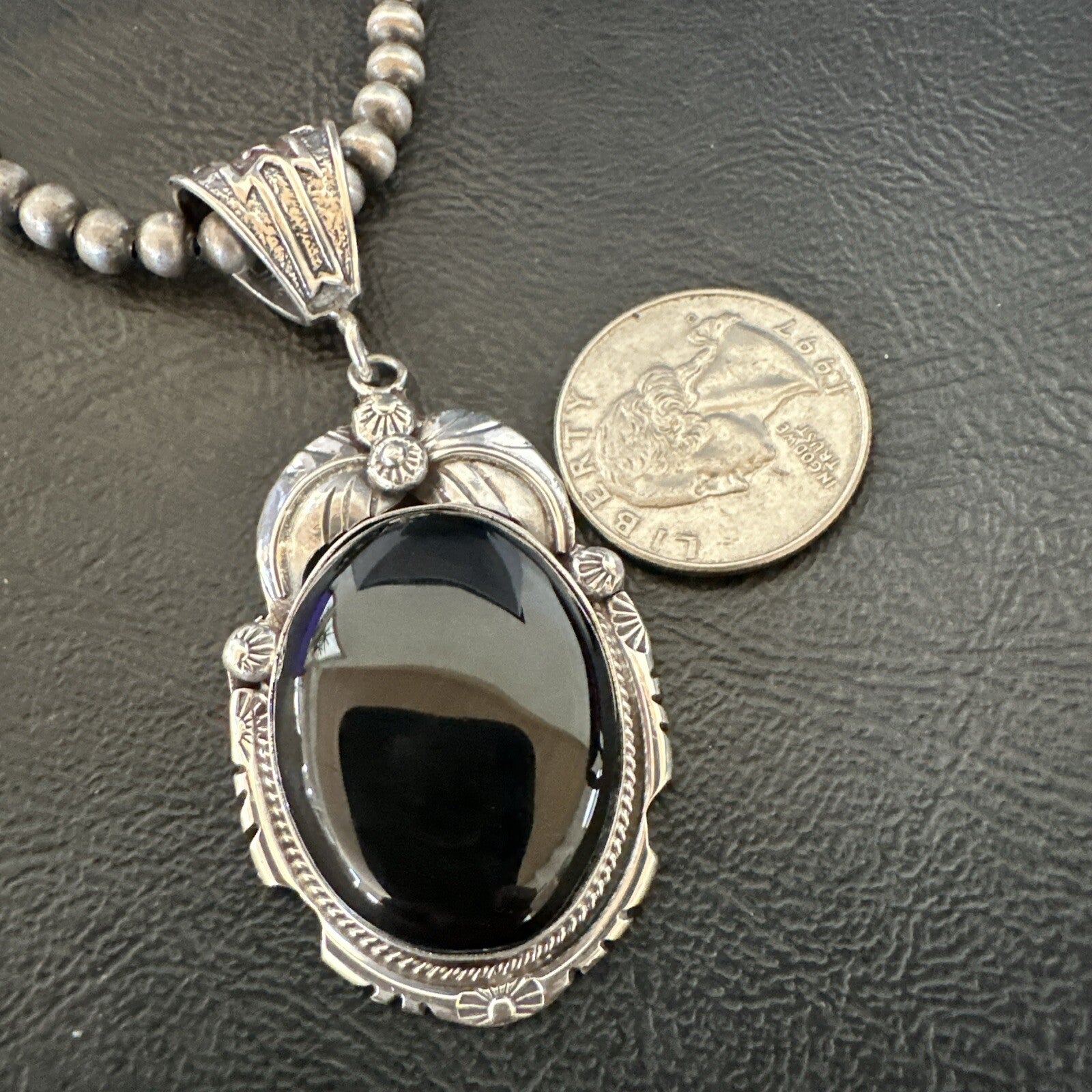 Mens Womens Black Onyx Pendant Navajo Sterling Silver Beads Necklace 18307