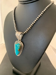 Navajo American Kingman Turquoise Necklace Pendant Set | Sterling Silver | Authentic Native American Handmade | 02992