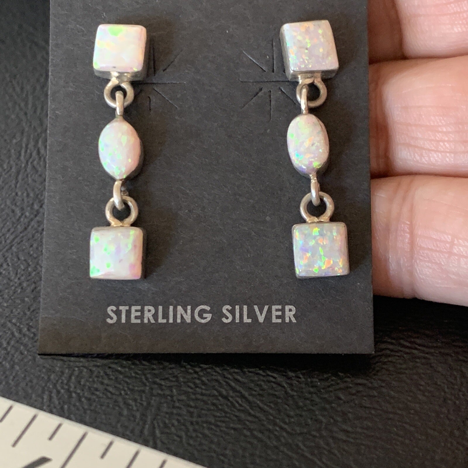 Womens White Opal Inlay Navajo Sterling Silver Dangle Post Earrings 1" 12769