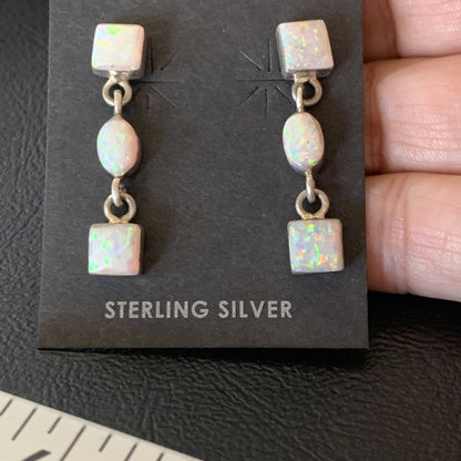Womens White Opal Inlay Navajo Sterling Silver Dangle Post Earrings 1" 12769