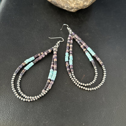 XL  Purple Stone Turquoise Sterling Silver Heishi Bead Earrings 4" 17837