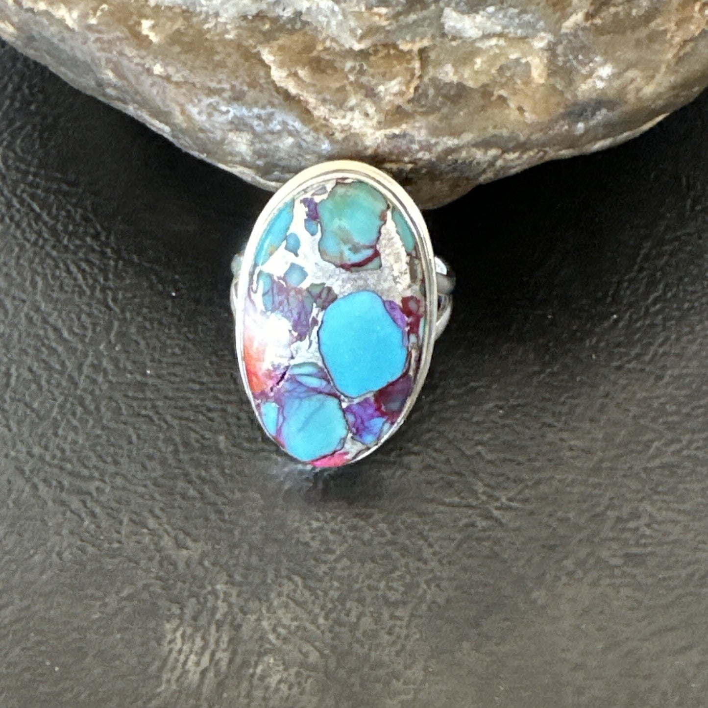Blue Turquoise Spiny Oyster Navajo Sterling Silver Ring Size 7 18253