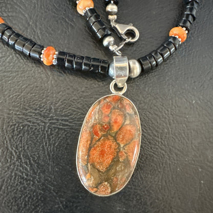 Orange Spiny Black Onyx Navajo Sterling Silver Pendant Necklace 20” 19638