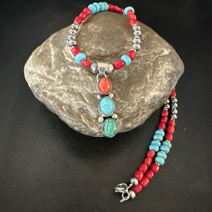 Multicolor Turquoise Coral Navajo Sterling Silver Cluster Pendant Necklace 19654