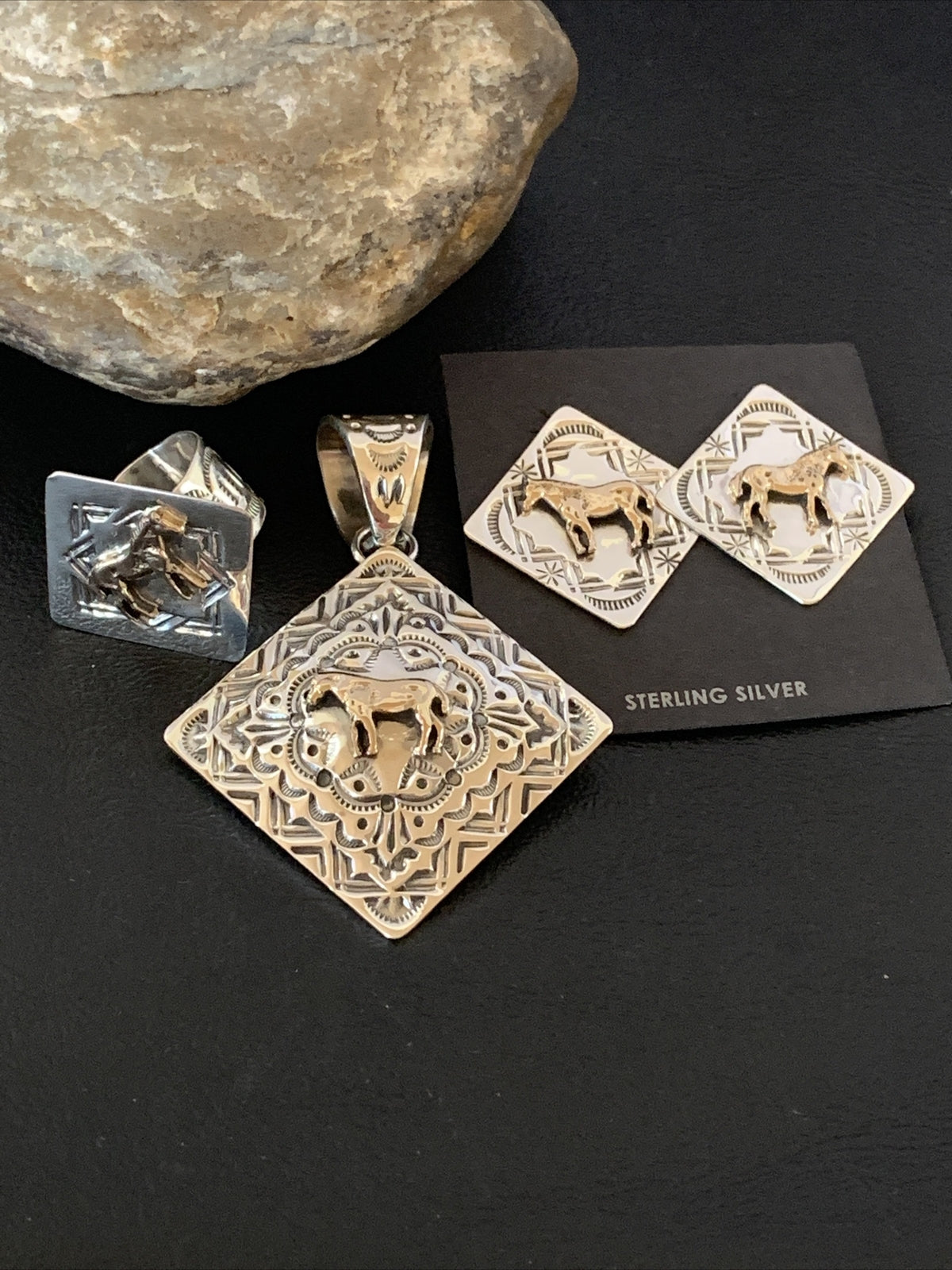 3 pc Set Brass Horse Navajo Sterling Silver Beads Pendant Earrings Ring 17979