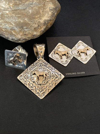 3 pc Set Brass Horse Navajo Sterling Silver Beads Pendant Earrings Ring 17979