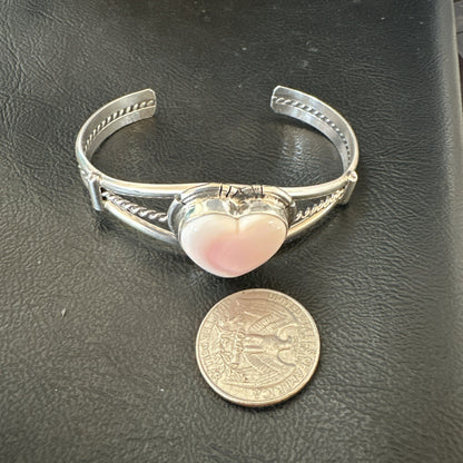 Heart Pink Conch Navajo American Sterling Silver Cuff Bracelet 7.25” 19282