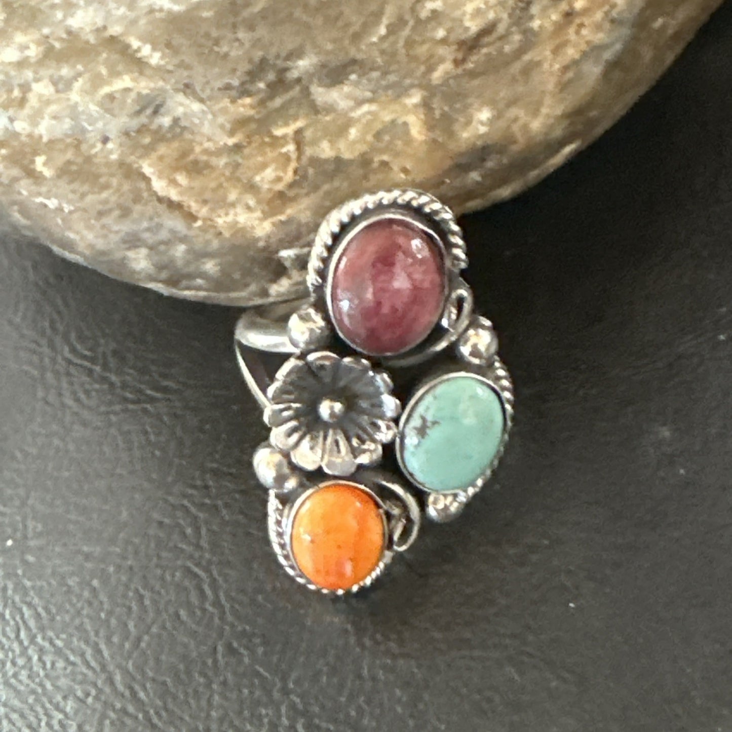 Multicolor Ring Turquoise Spiny Navajo Sterling Silver Cluster Size 8.5 19167