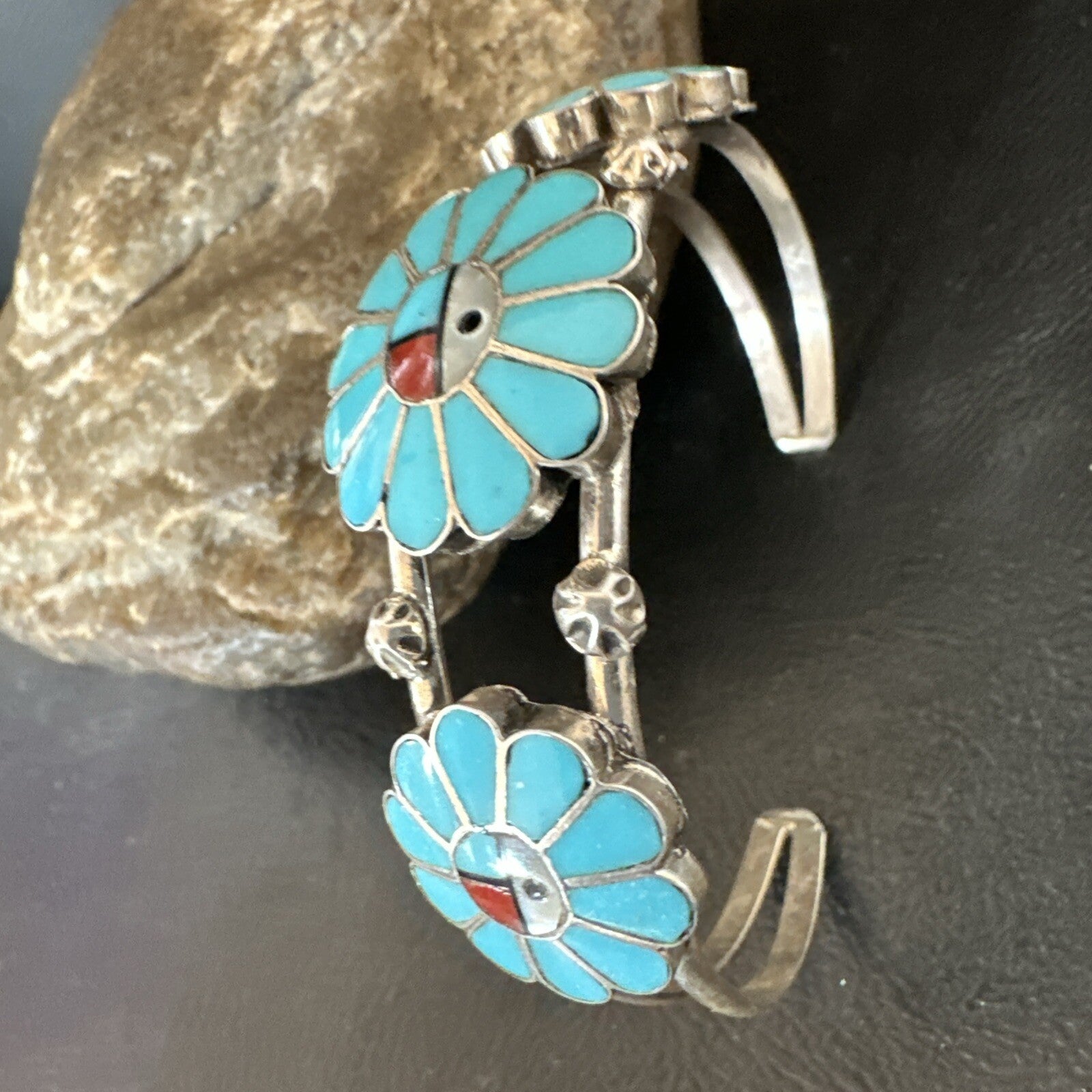 Blue Turquoise Coral MOP Zuni Sterling Silver Inlay Sunface Cuff Bracelet 18873