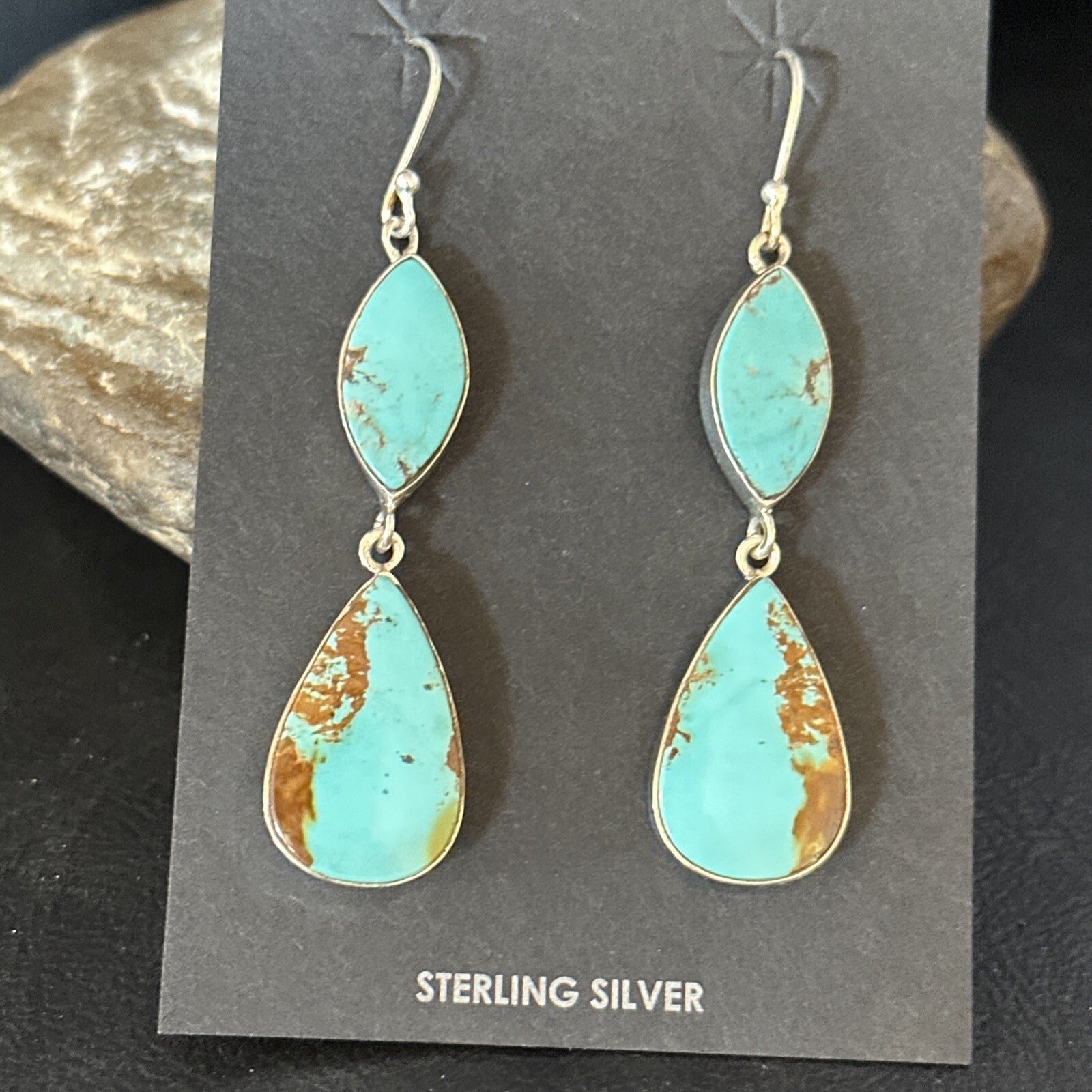 Blue Kingman Turquoise Navajo Sterling Silver Dangle Earrings 14577