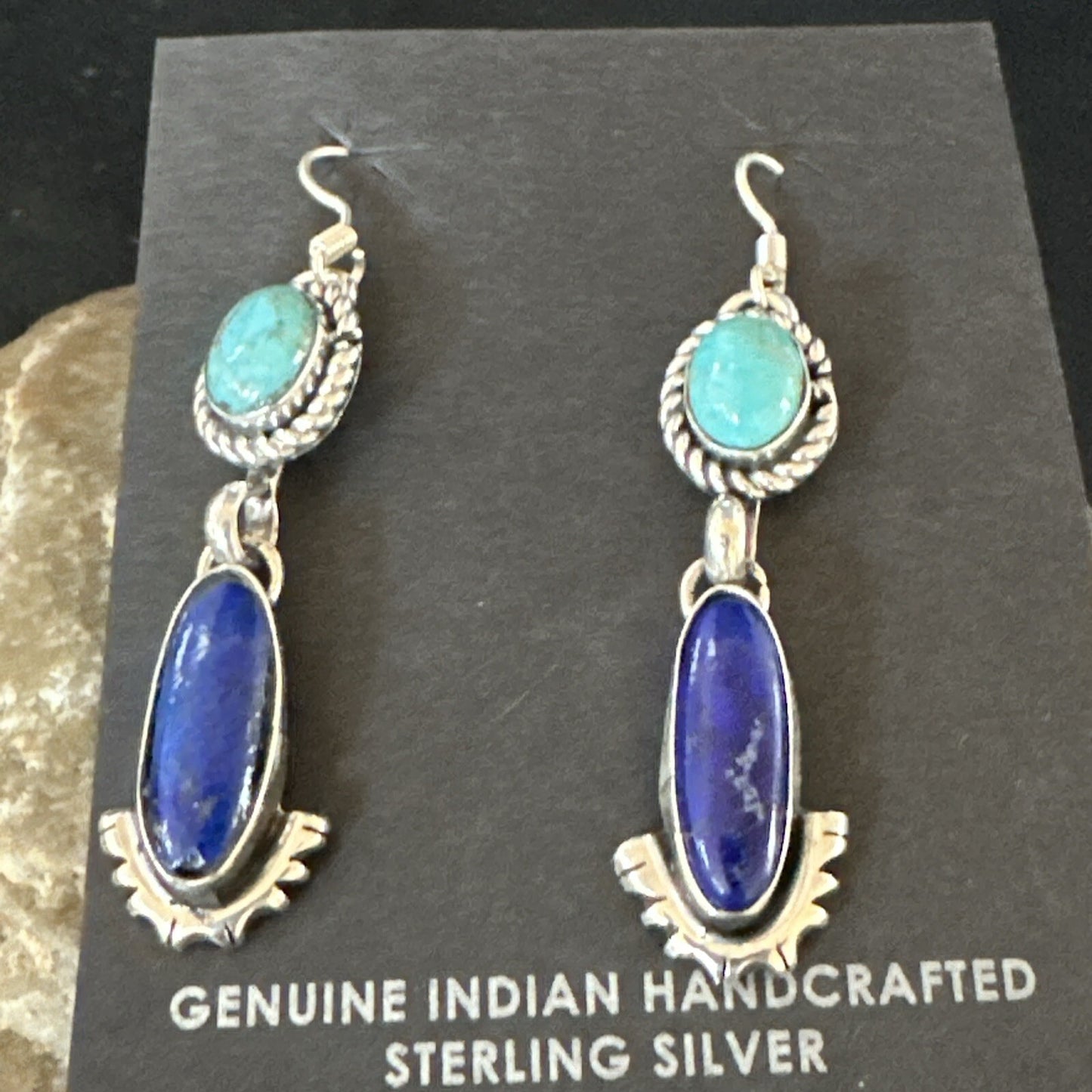 Navajo Turquoise Blue Lapis Sterling Silver Dangle Earrings 18186