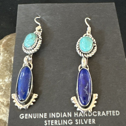 Navajo Turquoise Blue Lapis Sterling Silver Dangle Earrings 18186