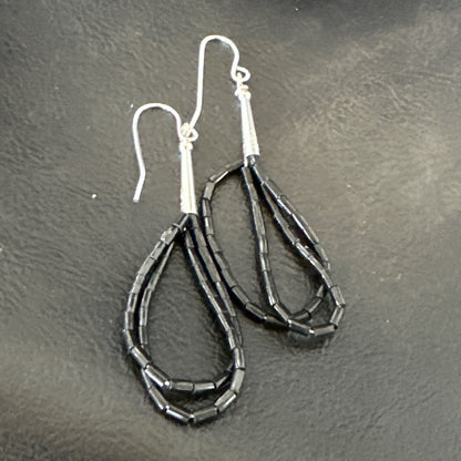 Black Onyx Heishi 2S Bead Southwestern Sterling Silver Earrings 2" 18177