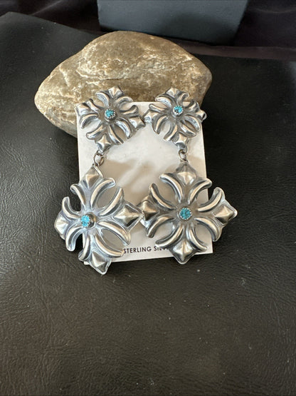 Womens Stamped Blue Turquoise Dangle Earrings Navajo Sterling Silver 19784
