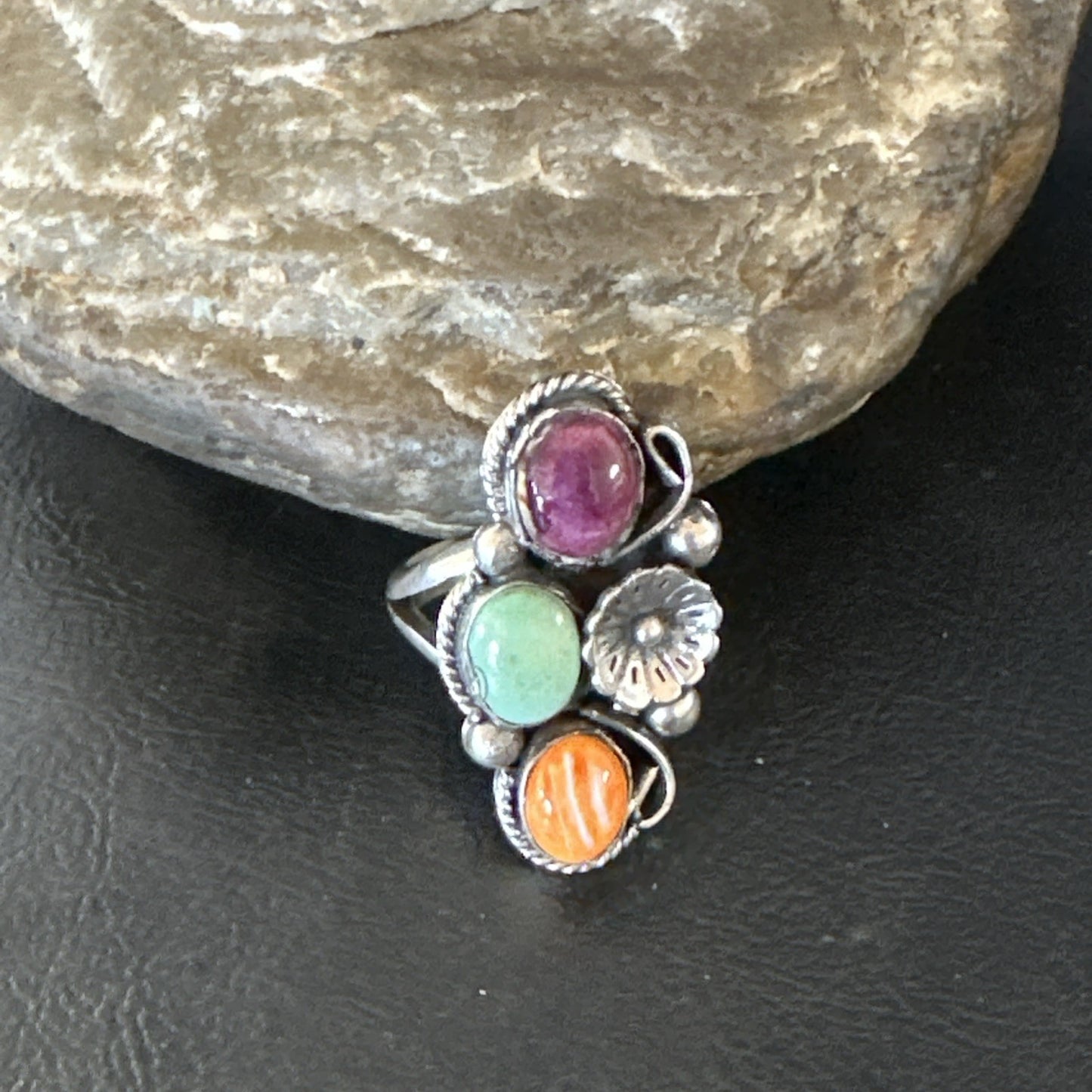 Multicolor Ring Turquoise Spiny Navajo Sterling Silver Cluster Size 9 19174