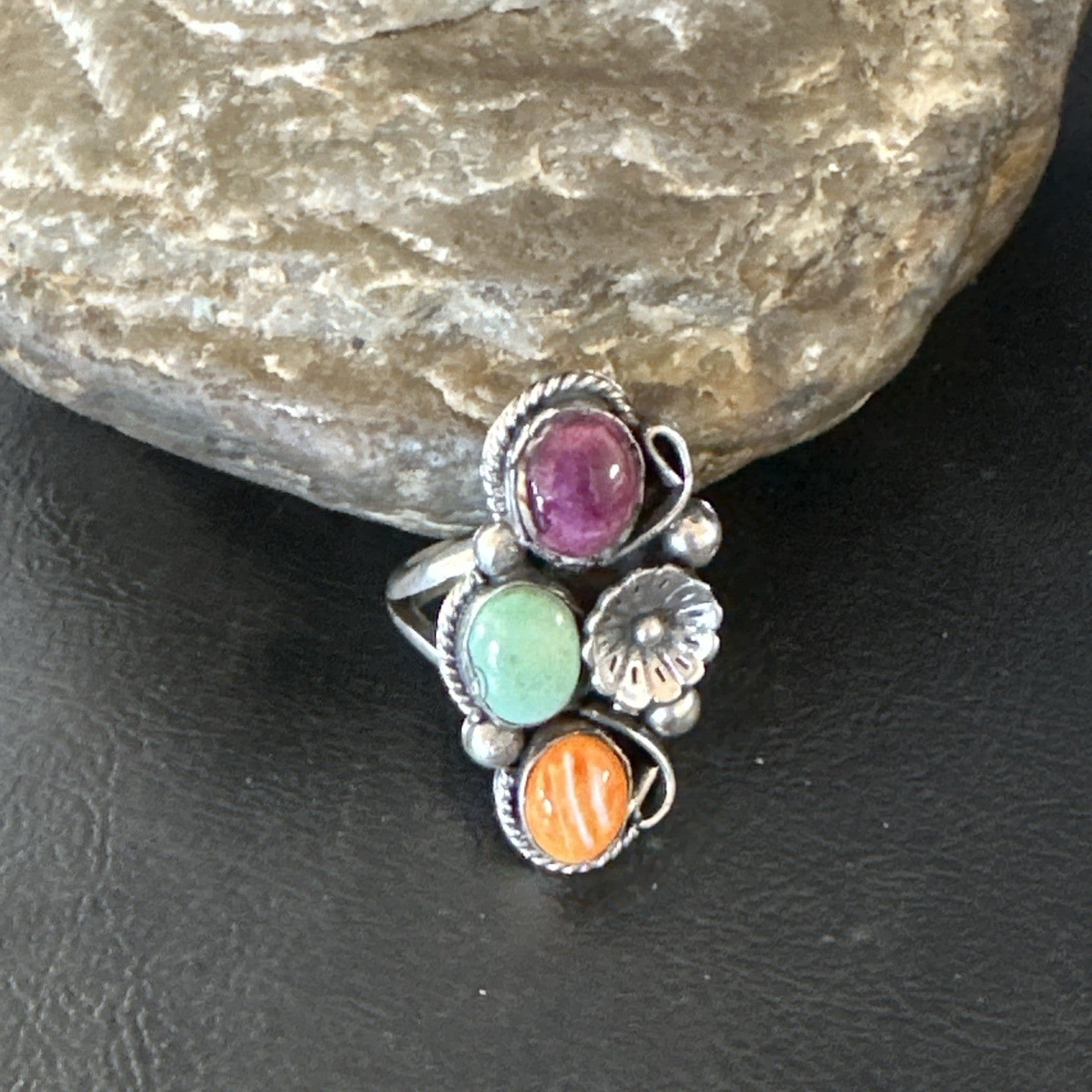 Multicolor Ring Turquoise Spiny Navajo Sterling Silver Cluster Size 9 19174
