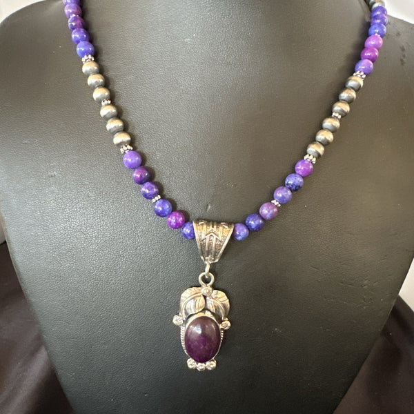 Purple Stone Pendant Navajo Pearls Necklace | Sterling Silver | Authentic Native American Handmade | 18387