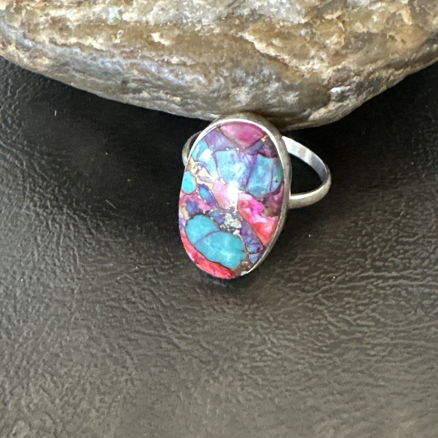 Blue Turquoise Spiny Oyster Southwestern Sterling Silver Ring Size 11 18450