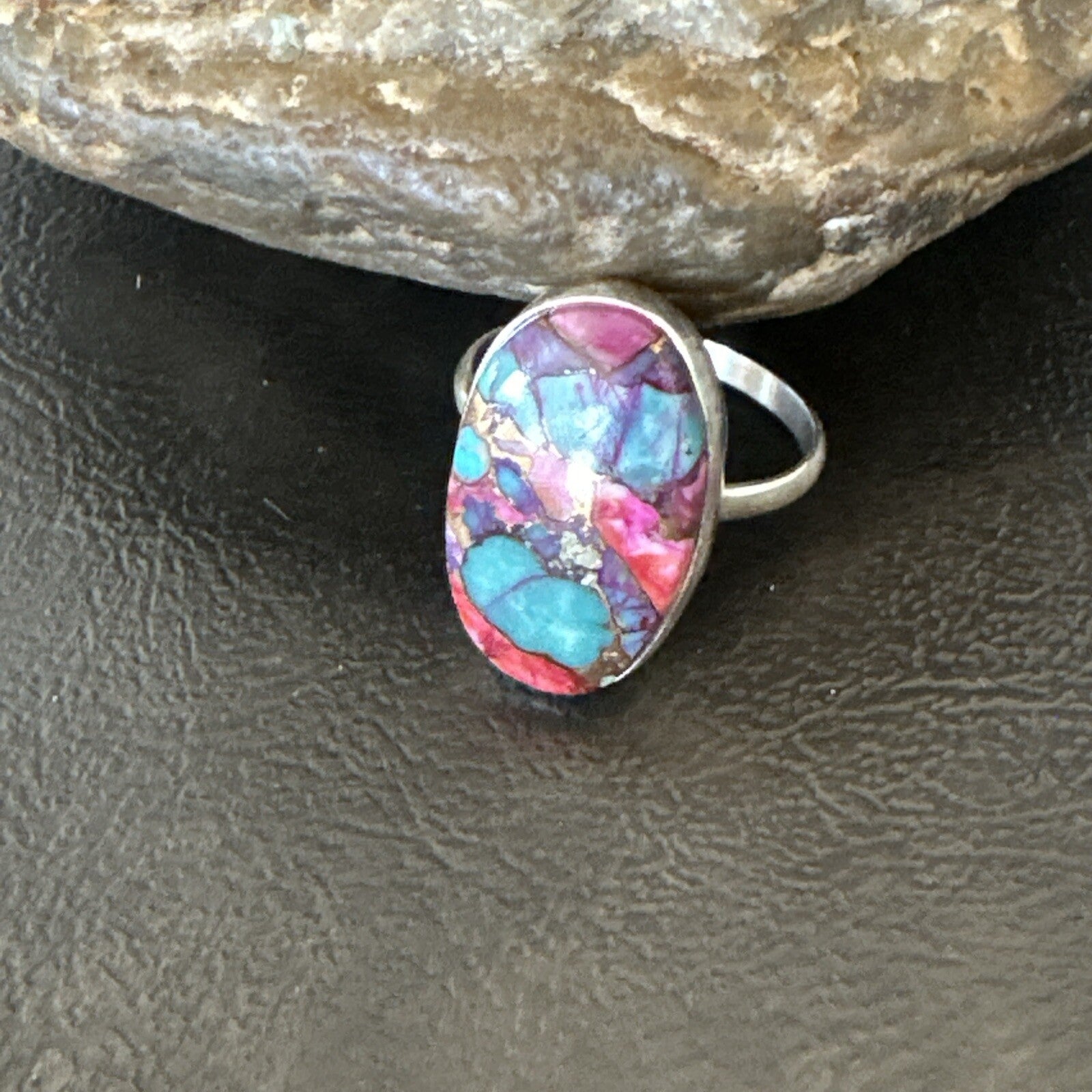 Blue Turquoise Spiny Oyster Southwestern Sterling Silver Ring Size 11 18450