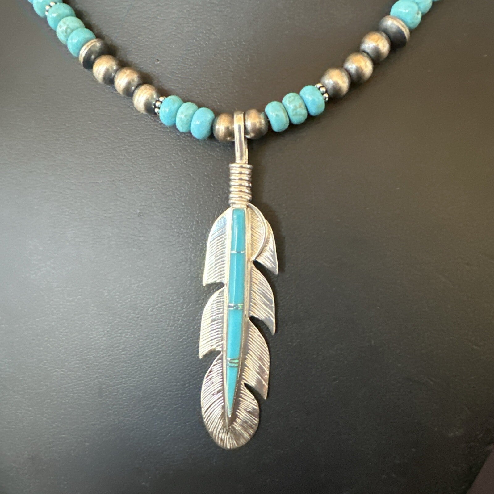 Mens Feather Turquoise Pendant Navajo Sterling Silver Necklace 18668