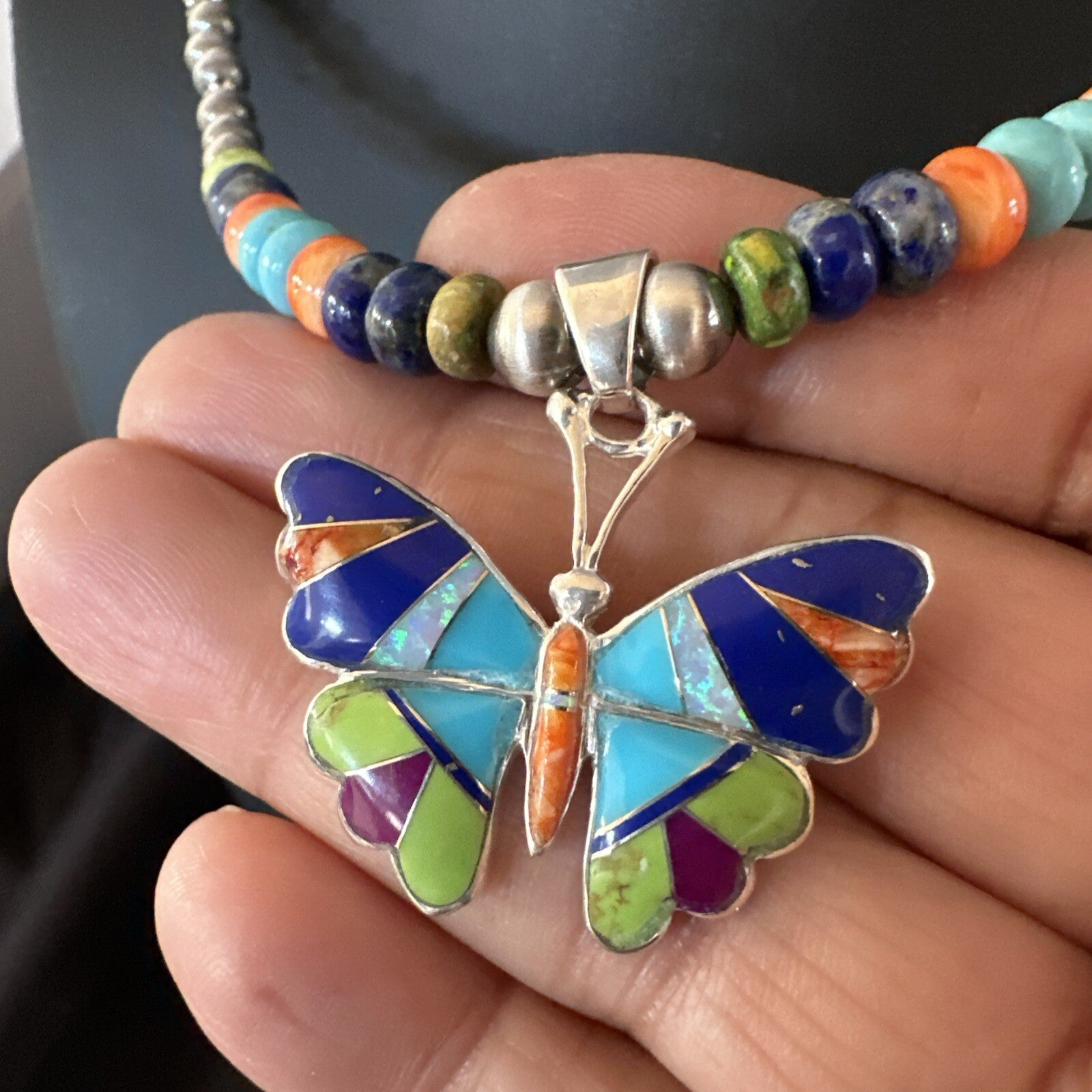 Butterfly Multicolor Turquoise Pendant Navajo Sterling Silver Necklace 18729