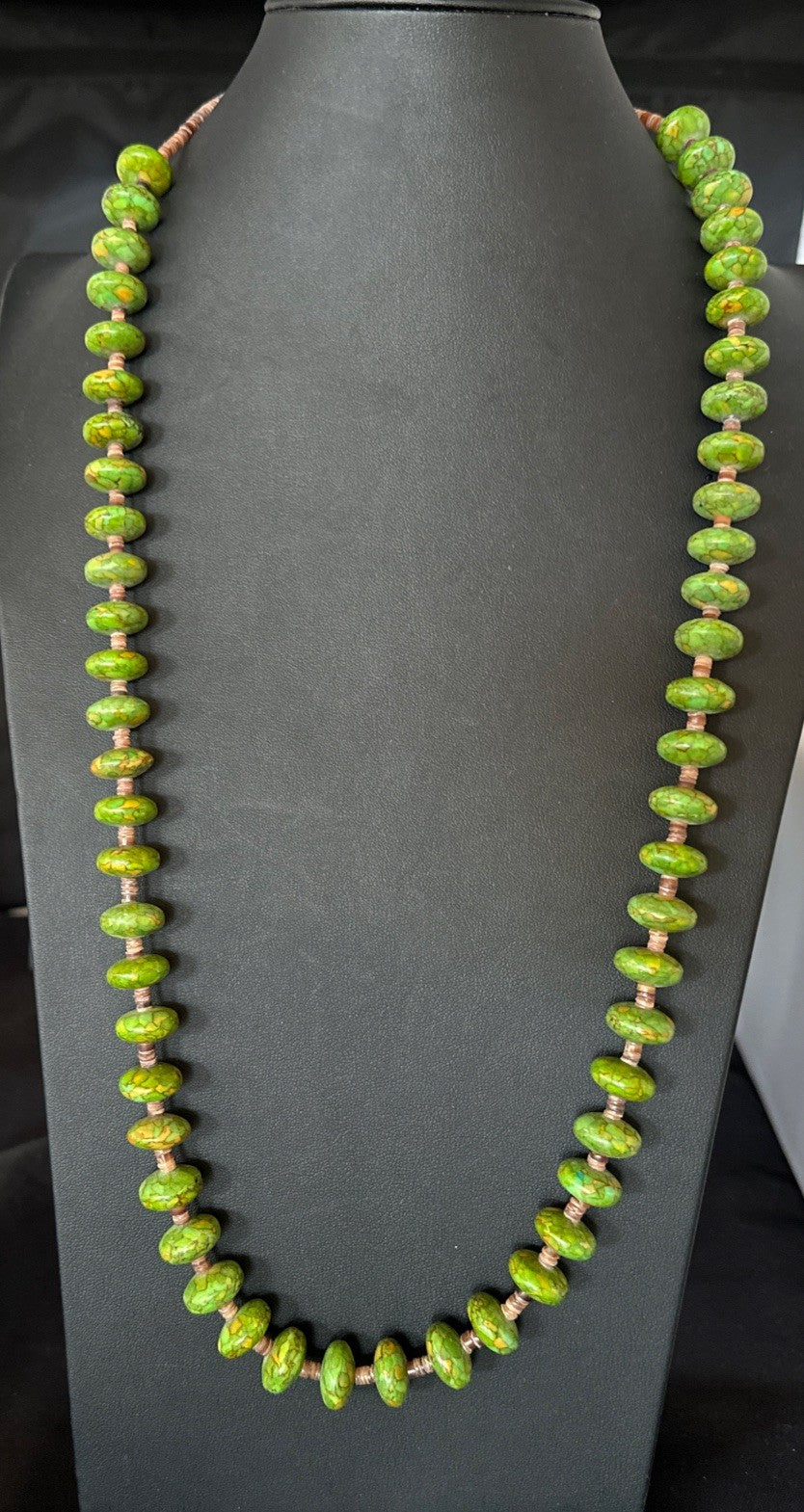 Green Mohave Turquoise Shell Santo Domingo Sterling Silver Necklace 32”19661