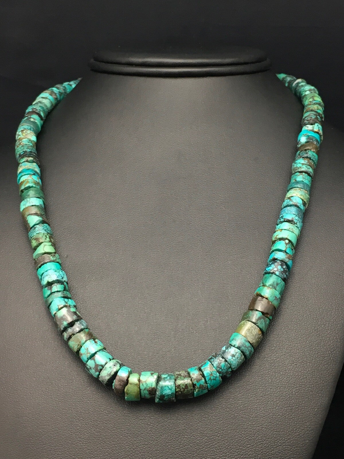 Turquoise Heishi 12 mm Beads Southwestern Sterling Silver Necklace 23” 13976