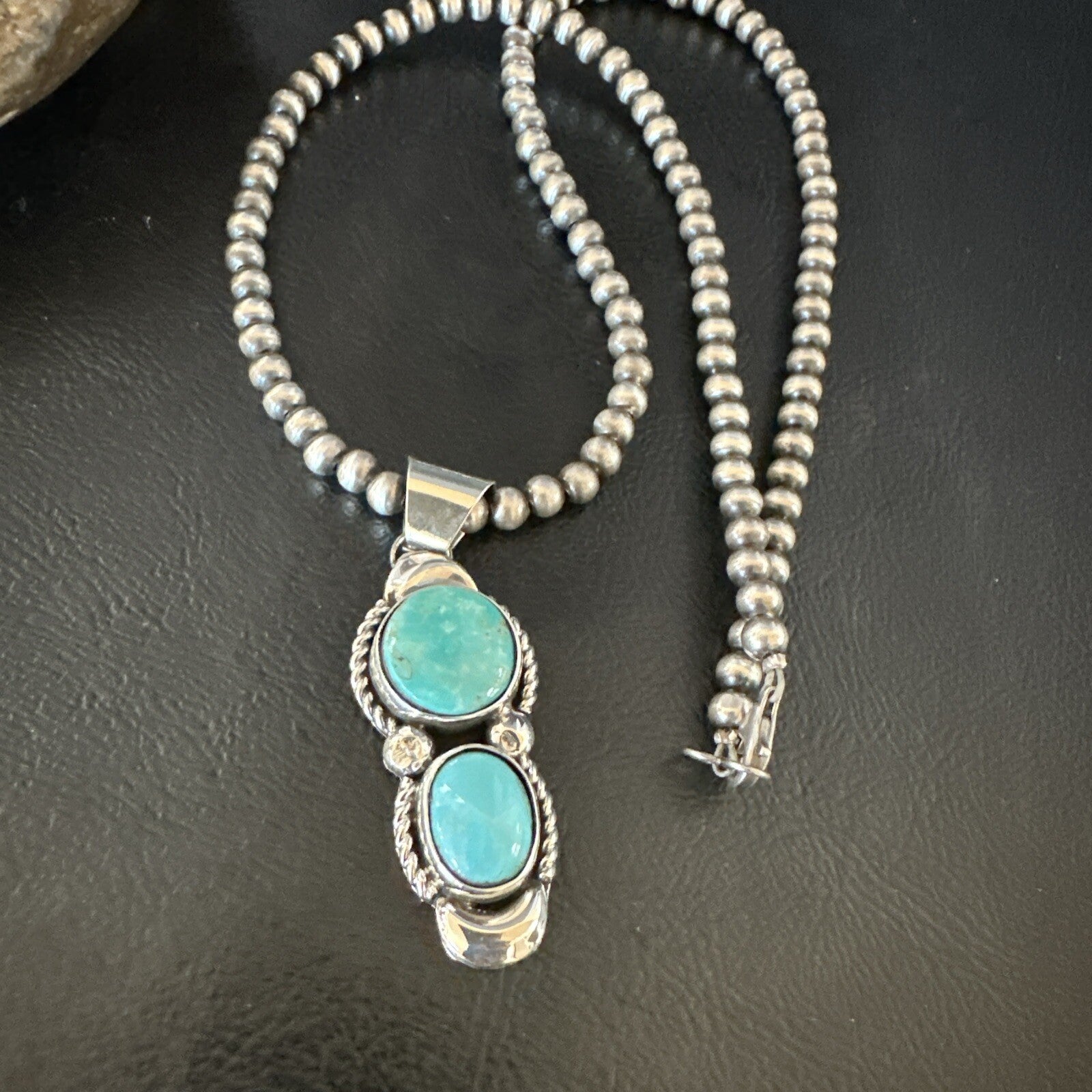 Blue Turquoise 2 Stone Navajo Sterling Silver Cluster Pendant 18192