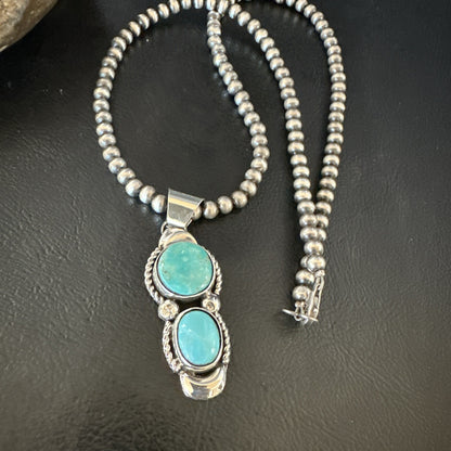 Blue Turquoise 2 Stone Navajo Sterling Silver Cluster Pendant 18192