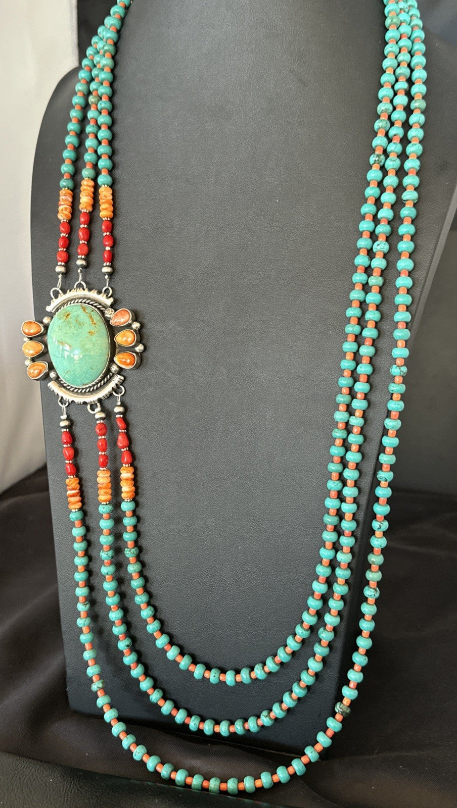 XL Statement Green Turquoise Spiny Navajo 3S Sterling Silver Necklace 34” 19675