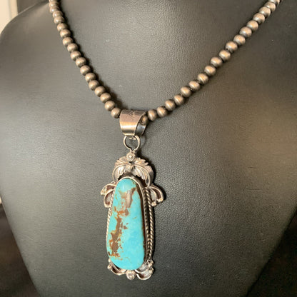Men Blue Kingman Turquoise Pendant Navajo Pearls Sterling Silver Necklace 14204N
