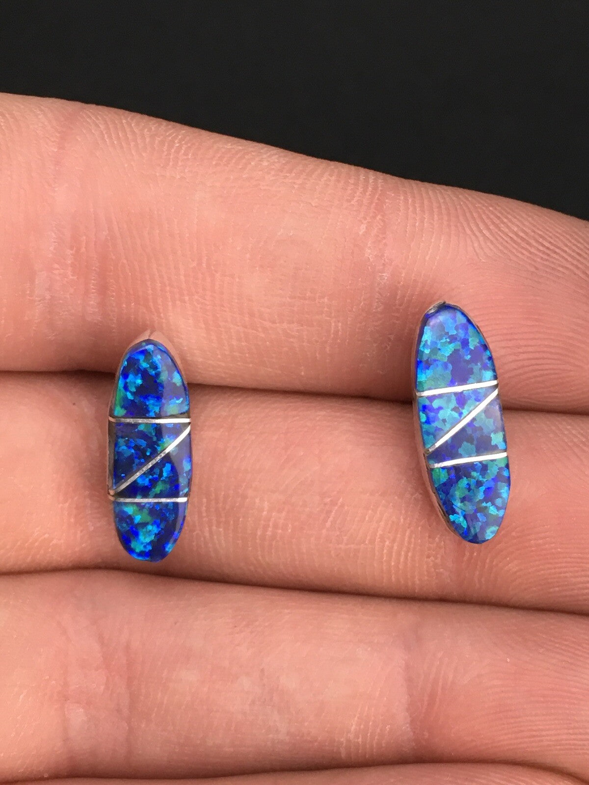 Navajo Indian Sterling Silver Handmade Blue Opal Inlay Earrings 0.75" 1331