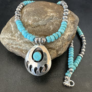 Men's Blue Turquoise BearPaw Pendant Navajo Pearls Necklace | Sterling Silver | Authentic Native American Handmade | 17880