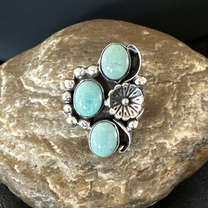 Yazzie Ring Green Turquoise Navajo Sterling Silver Cluster Size 9 19208
