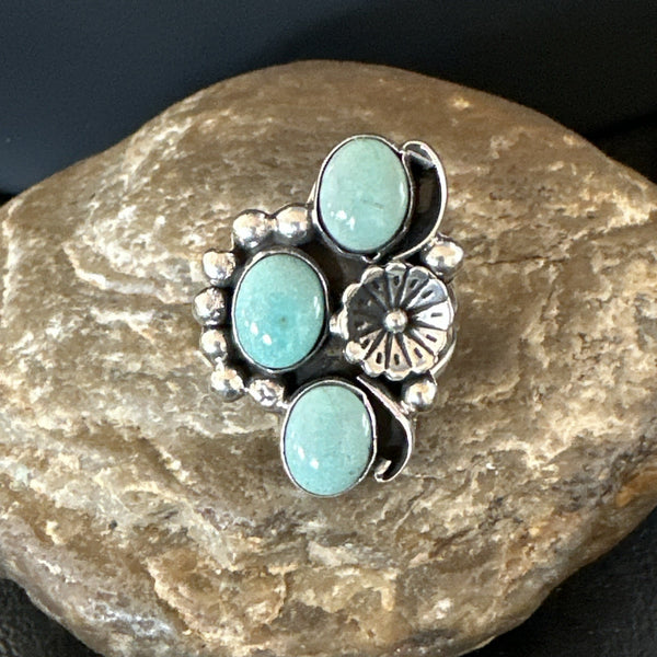 Yazzie Ring Green Turquoise Navajo Cluster Size 9 | Sterling Silver | Authentic Native American Handmade | 19208