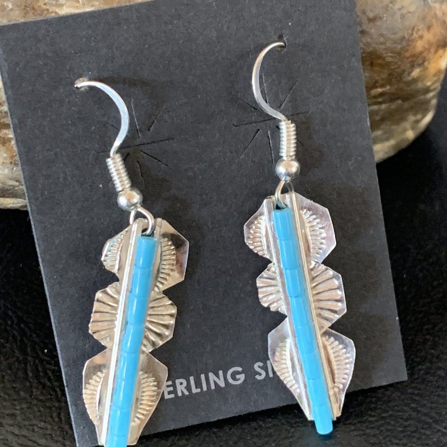 Blue Turquoise Sterling Silver Navajo Handmade Inlay Feather Earrings 13063
