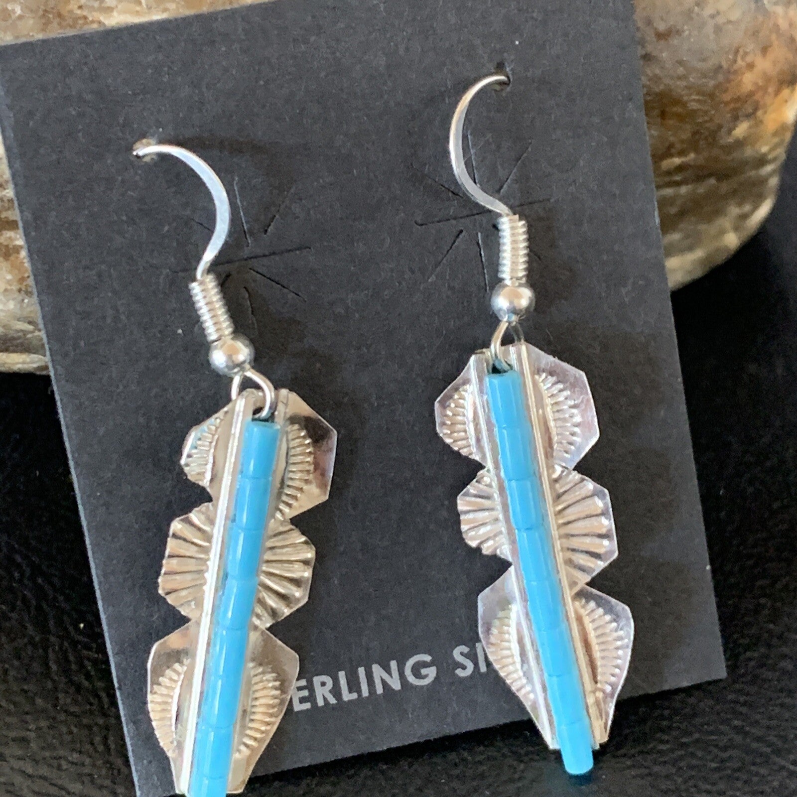 Blue Turquoise Sterling Silver Navajo Handmade Inlay Feather Earrings 13063