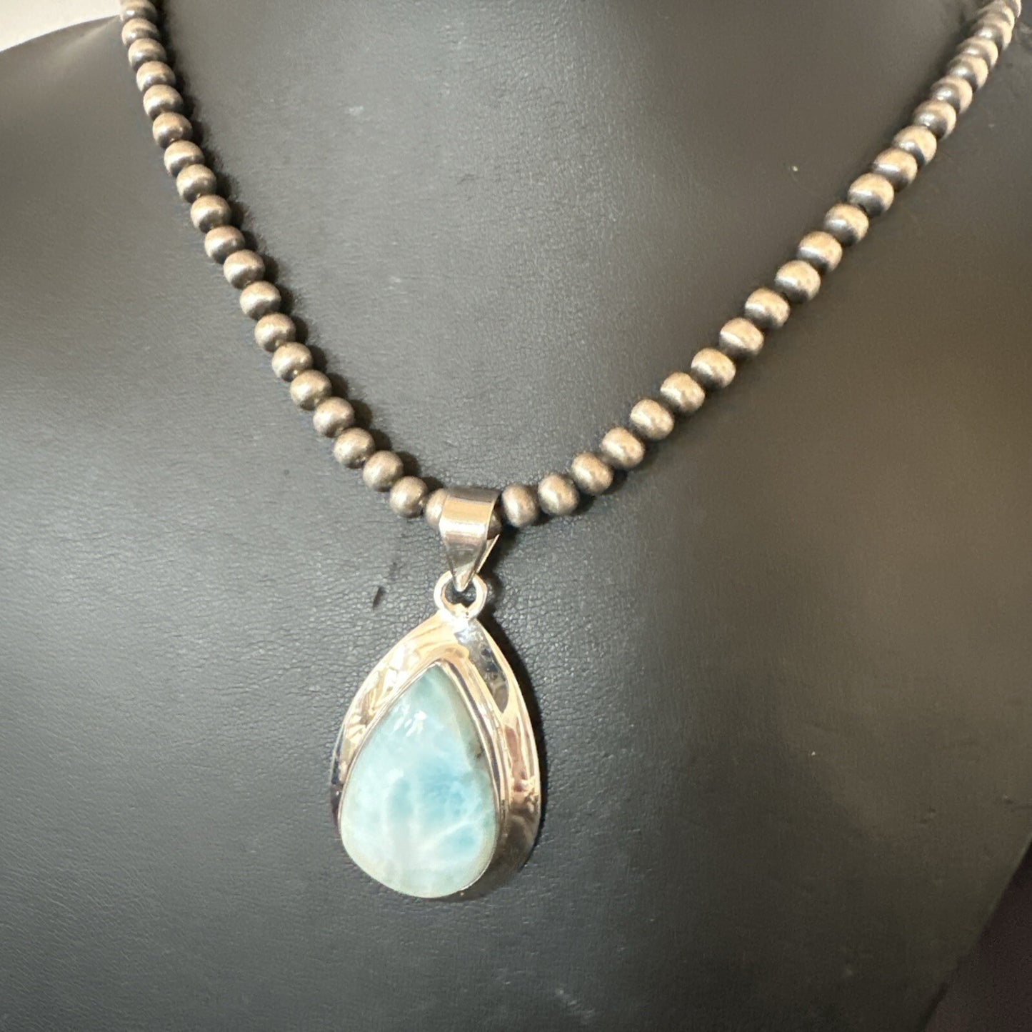 Womens Blue Larimar Pendant Navajo Sterling Silver Beads Necklace 17717
