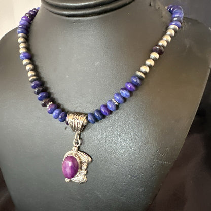 Purple Stone Pendant Navajo Pearls Sterling Silver Necklace 21” 18032