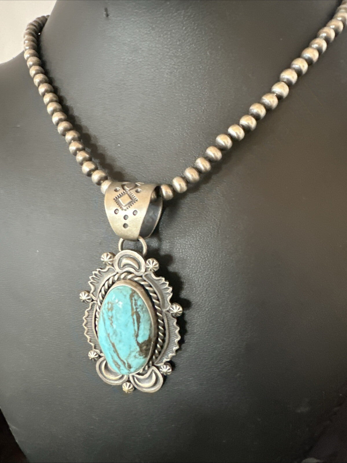 Mens Womens Blue Turquoise Pendant Sterling Silver Beads Sterling Necklace 18649