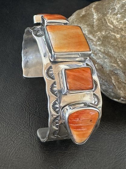 Orange Spiny Oyster 5 Stone Row Sterling Silver Navajo Cuff Bracelet 7.7" 19477